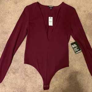 Express Maroon Deep V Long Sleeve Bodysuit